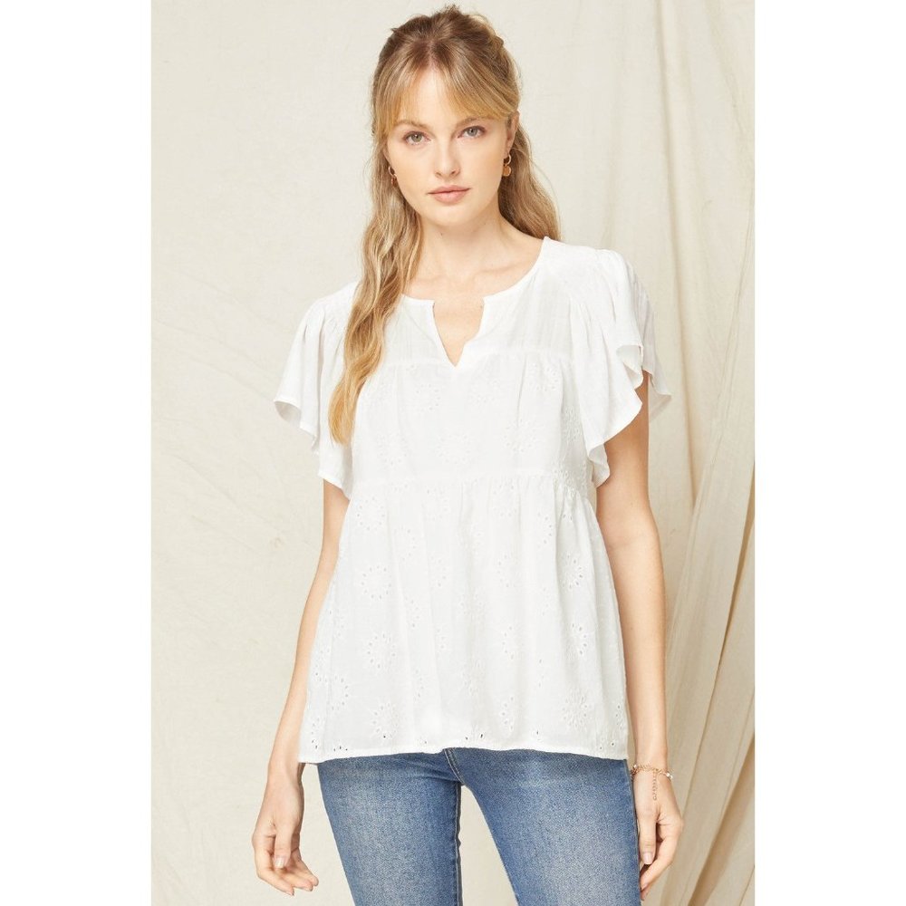 Entro Flutter Sleeve Eyelet Top, White
